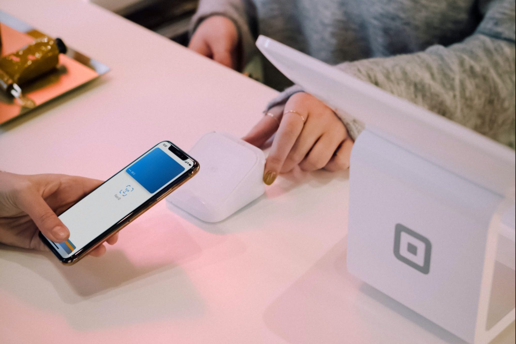 Contactless payment transaction using a mobile phone to pay.
